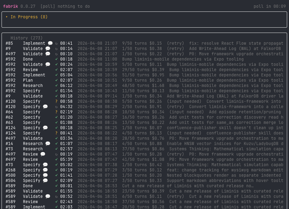 Fabrik TUI showing active pipeline jobs